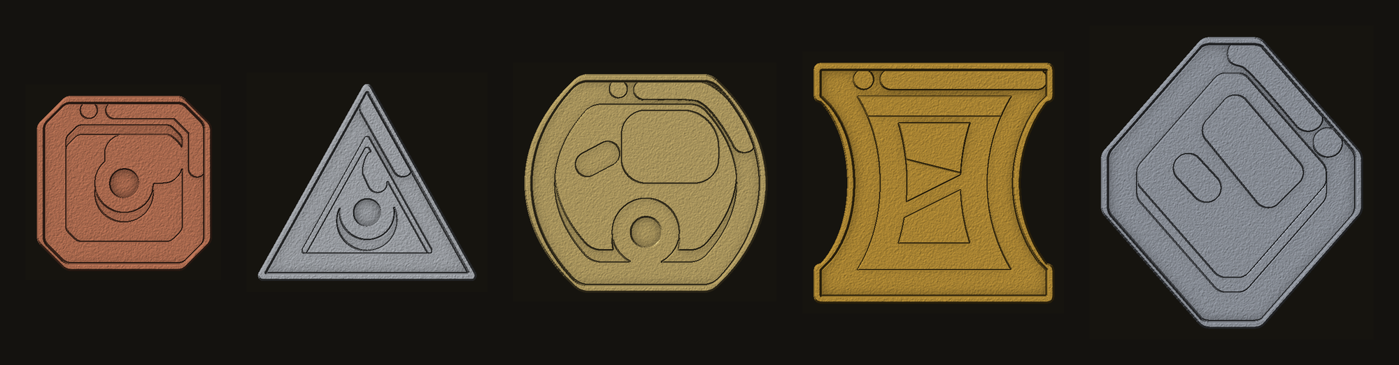 Five shaped metal tokens: a copper gauntlet, aluminium triangle, pale brass shield, patinated brass banner, and blasted aluminium lozenge
