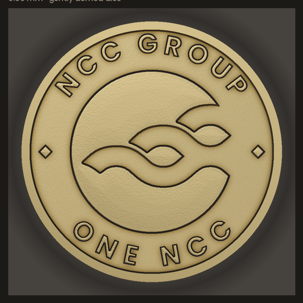 Rendered brass coin obverse: NCC wave icon disc with NCC GROUP and ONE NCC legends