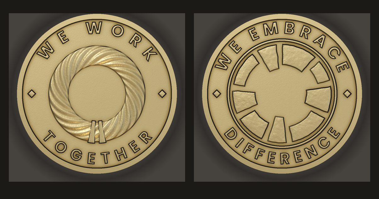 Two rendered brass coins: WE WORK TOGETHER and WE EMBRACE DIFFERENCE